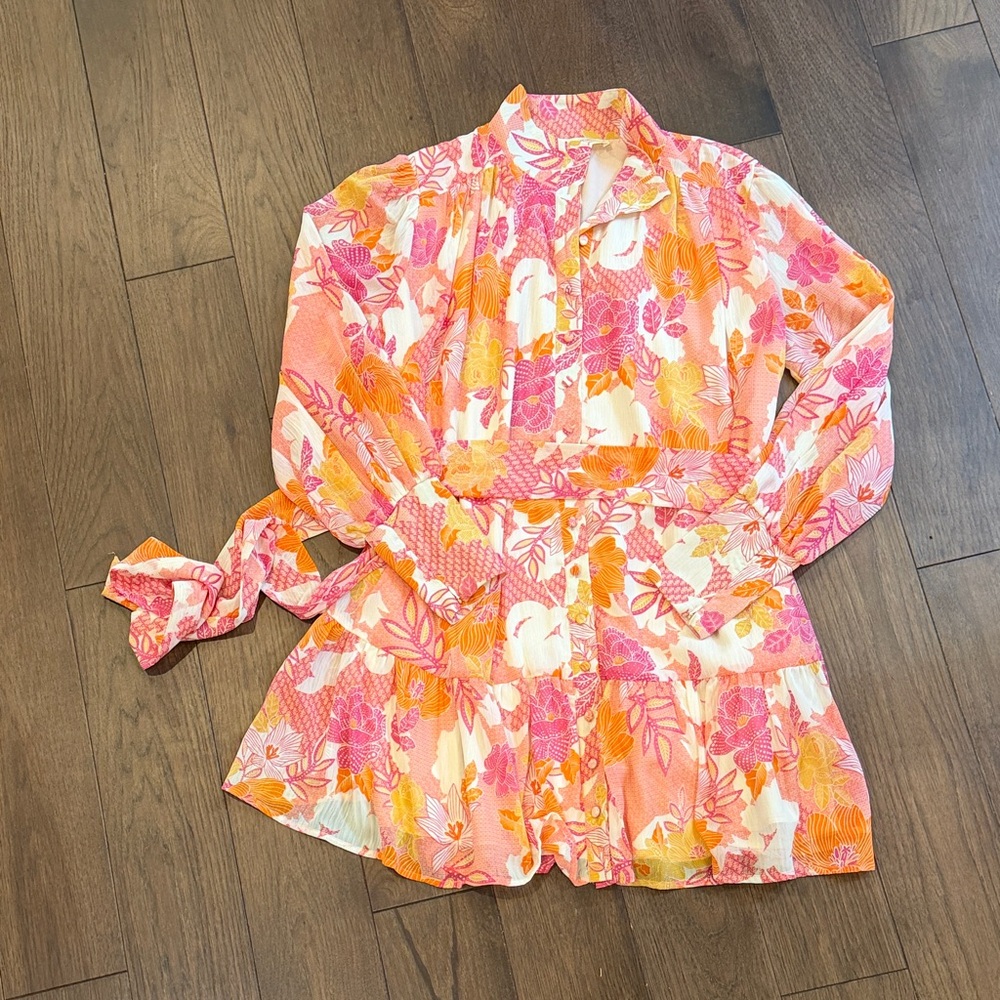 Stile Collection Floral Pink and Orange Dress with Belt Medium C9-018